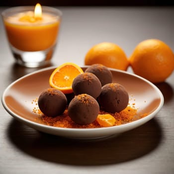 A plate of chocolate truffles with orange zest and a halved orange. The truffles are arranged on a brown plate with orange zest sprinkled around them. High-quality photo.