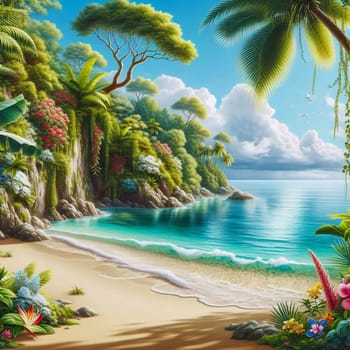 A serene tropical beach scene with a rocky cove, palm trees, and colorful flowers. The water is turquoise and the sky is blue. High quality photo