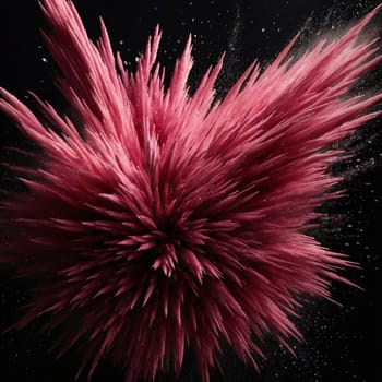 A spiky, pink object resembling a crystal or a frozen flower is surrounded by pink powder. The object explodes outwards with a burst of energy. High quality photo
