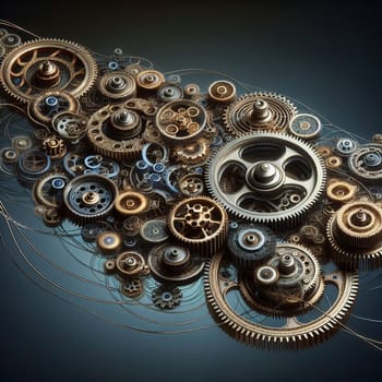 A collection of gears and cogs interlocked and connected, representing the intricate workings of a machine or system. High quality photo