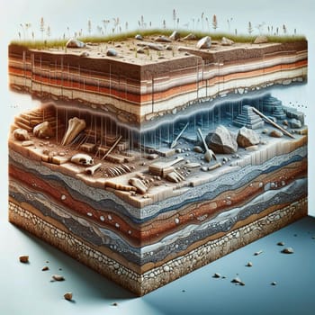 A cross-section of the earth showing different layers of soil, rock, and fossils. The image is in a 3D isometric view, revealing the layers from the surface down. High quality photo