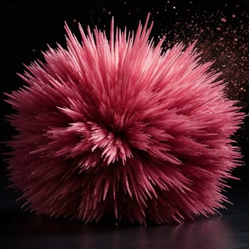 A close-up shot of a large, spiky, pink object resembling a crystal or a frozen flower. The object is covered in sharp, delicate spikes and is surrounded by a cloud of pink powder. High quality photo