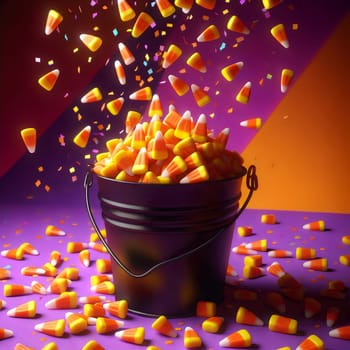 A black bucket filled with candy corn and a few pieces are scattered around it. The bucket is on a purple background with orange and purple diagonal stripes. High quality photo