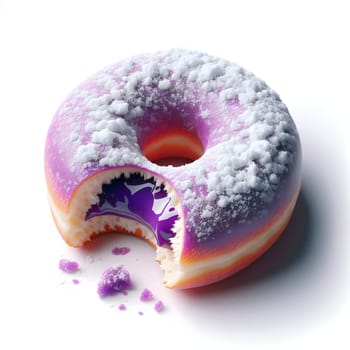 A donut with purple frosting and a bite taken out of it. The donut has a purple jelly filling and is covered in white powdered sugar. The donut is resting on a white background. High quality photo