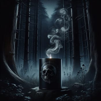 A black candle with a skull design sits on a rock in a dark forest. The candle is lit, and smoke is rising from the flame, creating an eerie and mystical atmosphere. High quality photo