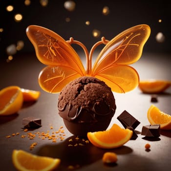 A chocolate ice cream ball with a chocolate shell, topped with an orange butterfly-shaped decoration. Orange slices and chocolate pieces are scattered around it. High quality photo