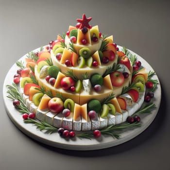 A festive cheese and fruit platter shaped like a Christmas tree. The platter features a variety of cheeses, fruits, and herbs, arranged in a beautiful and creative way. A high-quality photo.