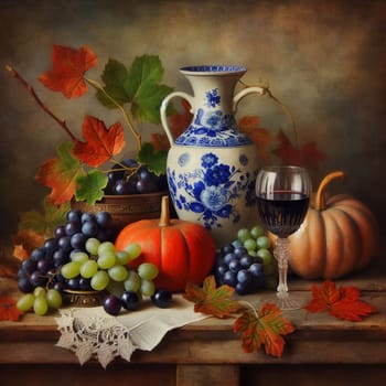 A still life painting depicting a classic autumnal scene with a blue and white porcelain vase, a glass of red wine, grapes, and pumpkins. A high-quality photo.