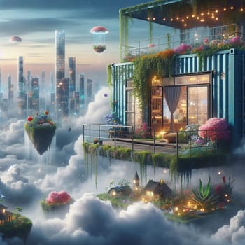 A container home is nestled among floating islands in the clouds, with a cityscape in the distance. The scene is filled with fantasy elements, including hot air balloons. A high-quality photo.
