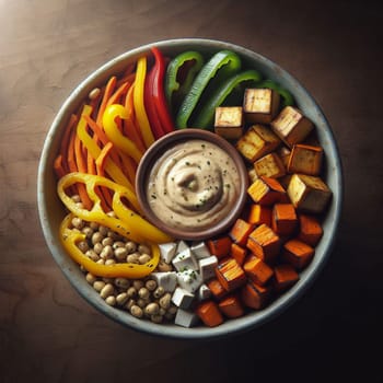 A bowl of healthy food with a colorful arrangement of sweet potato, bell peppers, tofu, chickpeas, and a creamy sauce. The scene is set on a wooden table. A high-quality photo.