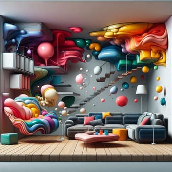A surreal interior design with colorful, abstract shapes floating in the air, resembling a dreamlike or fantastical world. The scene features a sofa, coffee table. A high-quality photo.