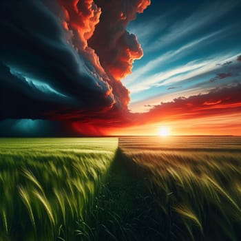 A dramatic landscape showcasing a storm cloud casting a dark shadow over a field of green wheat, while a vibrant sunset illuminates the other half of the scene. A high-quality photo.