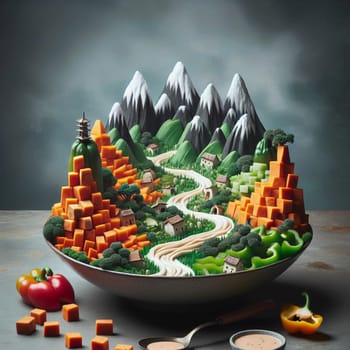A bowl of food arranged to form a miniature landscape, featuring mountains made of sweet potato, a river of noodles, and a village of vegetables. A high-quality photo.