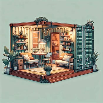 A cozy, minimalist container home with a living space filled with plants and featuring a table with chairs and a sofa. A high-quality photo.