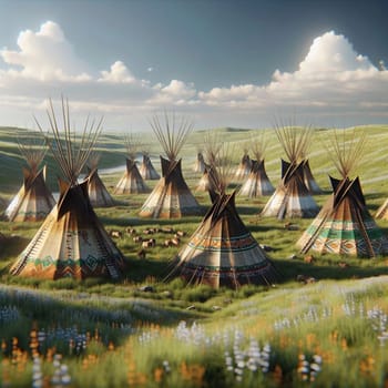 A group of traditional Native American teepees set in a grassy meadow with a river and mountains in the distance. A high-quality photo.