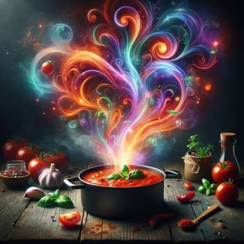 A pot of tomato soup is bubbling with colorful magical steam, suggesting a delicious and enchanted culinary experience. The scene is set on a wooden table with ingredients. A high-quality photo.