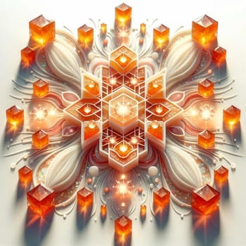 A geometric design featuring a central snowflake shape surrounded by orange cubes and intricate white lines. The scene is luminous and radiant. A high-quality photo.