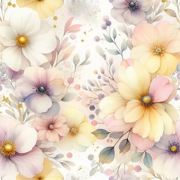 A watercolor painting of a floral bouquet with delicate pink and yellow flowers and gold accents. The scene is soft and romantic, with a delicate and dreamy feel. A high-quality photo.