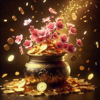 A golden pot overflowing with gold coins and blooming pink flowers, with more coins and golden sparkles falling around it. This symbolizes prosperity and abundance. High quality photo