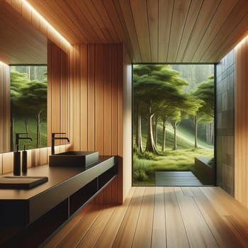 A modern bathroom with wooden walls and a large window overlooking a lush forest. The bathroom is decorated with black fixtures and features a minimalist aesthetic. A high-quality photo.