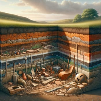 A cross-section of the earth revealing layers of soil, rocks, and artifacts from different historical periods. A high-quality photo.