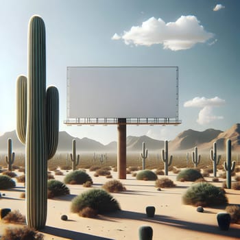 A blank billboard stands in a desert landscape, surrounded by cacti and mountains. The scene is open and expansive, suggesting a sense of possibility and opportunity. A high-quality photo.