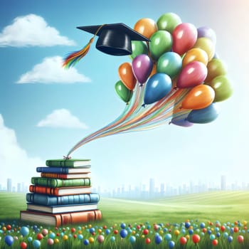 A stack of books with a graduation cap and colorful balloons floating above them, symbolizing the joy and achievement of completing education. A high-quality photo.