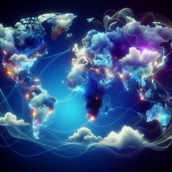 A stylized world map with swirling lines of light and energy, representing global connectivity and the interconnectedness of the world. The map is depicted on a blue background. A high-quality photo.