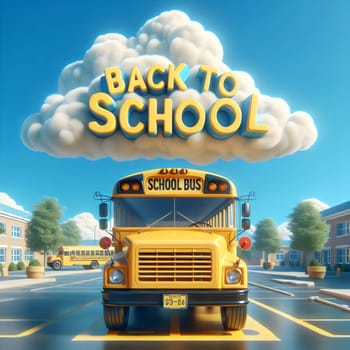 A yellow school bus is parked in front of a school building with the words Back to School written on a cloud above. The scene is set on a sunny day, with a blue sky and trees. A high-quality photo.