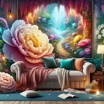 A living room with a white sofa and a large painting of a magical garden on the wall. The scene is whimsical and enchanting, suggesting a portal to a dreamlike world. A high-quality photo.