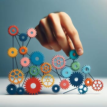 A hand is carefully placing a gear into a complex system of interconnected gears, representing teamwork, collaboration, and the intricate workings of a system. A high-quality photo.