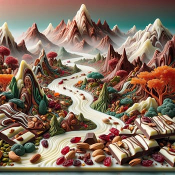 A chocolate landscape with a river of white chocolate flowing through mountains of dark chocolate and white chocolate, surrounded by nuts, cranberries, and other ingredients. A high-quality photo.