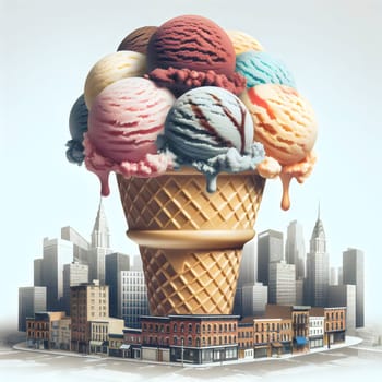 A giant ice cream cone filled with scoops of various flavors is towering over a miniature cityscape. The scene is whimsical and playful, suggesting a fun. A high-quality photo.