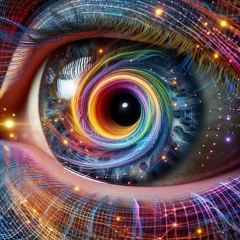A close-up shot of a human eye with a swirling, colorful vortex inside, representing the depth and complexity of human perception and the mysteries of the mind. A high-quality photo.