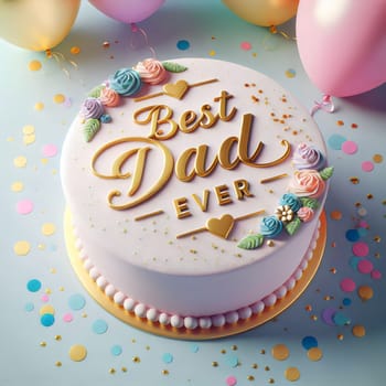 A pink cake with the words Best Dad Ever in gold lettering, surrounded by colorful confetti and balloons. The cake is decorated with flowers and hearts. A high-quality photo.