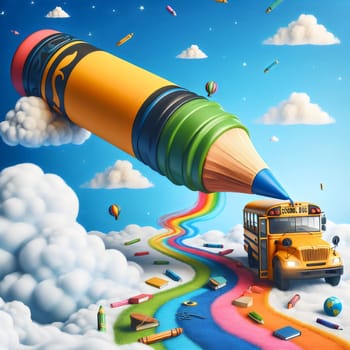 A giant pencil draws a rainbow road leading to a school bus in a whimsical, dreamlike scene. The scene is set against a backdrop of clouds and stars. A high-quality photo.