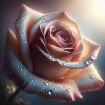 A close-up shot of a single pink rose with dew drops on the petals. The light is soft and warm, highlighting the rose's delicate beauty and the glistening water droplets. A high-quality photo.