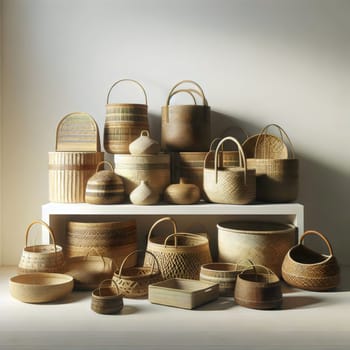 A collection of various woven baskets of different sizes and shapes arranged on a white shelf. The baskets are made of natural materials, suggesting a rustic. A high-quality photo.