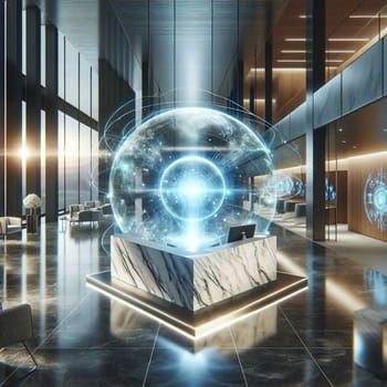A modern office lobby with a large, glowing orb in the center. The orb is surrounded by digital elements, suggesting a futuristic and technologically advanced environment. A high-quality photo.