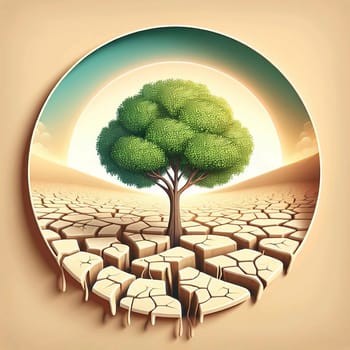 A single tree grows in the middle of a cracked, dry desert landscape. The tree is surrounded by a circular frame, and the background shows a sunset and clouds. A high-quality photo.