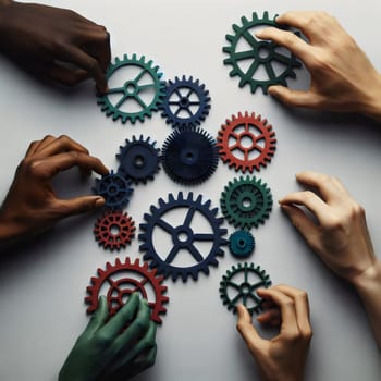 A group of hands of different skin tones are working together to connect a set of gears, representing the importance of diversity and collaboration in achieving a common goal. A high-quality photo.
