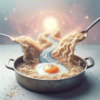 A bowl of noodles with an egg in the center, forming a mountain range with a river flowing through it. The scene is lit. A high-quality photo.