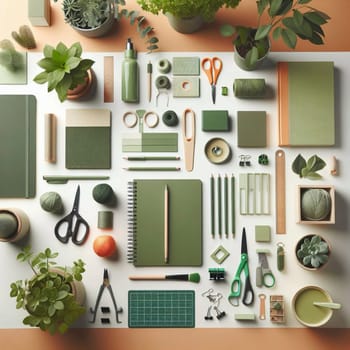 A flat lay of various green objects arranged in a grid pattern. The objects include plants, stationery, and craft supplies, creating a visually appealing aesthetic. A high-quality photo.