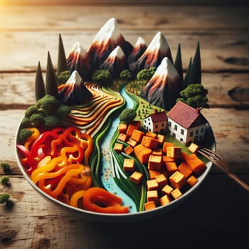 A bowl of food with a miniature landscape created inside. The landscape features mountains, a river, a small house, and vegetables. The scene is whimsical and surreal. A high-quality photo.