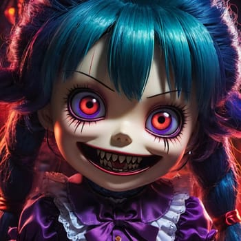 The sinister doll features striking blue hair and unsettling eyes, grinning eerily as it is positioned against a shadowy background, creating a foreboding atmosphere. Generative AI.