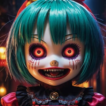 The sinister doll features striking green hair and unsettling eyes, grinning eerily as it is positioned against a shadowy background, creating a foreboding atmosphere. Generative AI.