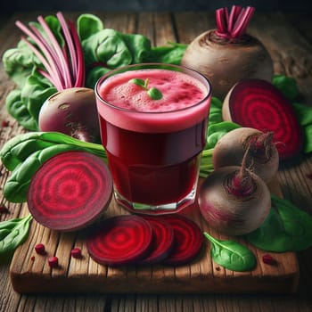 A glass of beet juice surrounded by fresh beetroots and spinach leaves. The scene is set on a wooden cutting board, creating a rustic and natural feel. A high-quality photo.