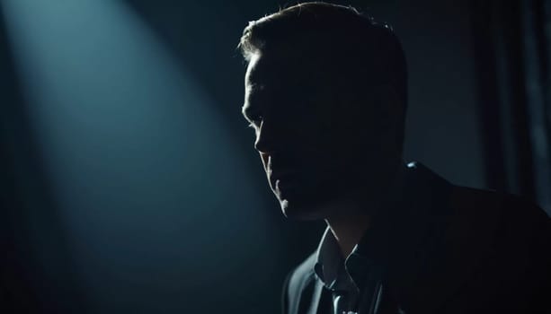 A lone figure is partially illuminated by a sharp beam of light, surrounded by eerie shadows that create a tense and unsettling atmosphere, suggesting a lurking threat. Generative AI.
