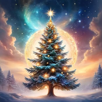 A decorated Christmas tree adorned with colorful ornaments and stacked presents ready for celebration in cozy holiday setting. Wrapped gifts of various colors. Festive atmosphere, warmth and joy. AI.
