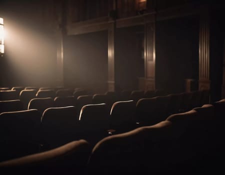 The atmosphere is thick with tension as shadows loom over rows of empty seats in a dimly lit theater, creating a chilling and suspenseful ambiance. Generative AI.